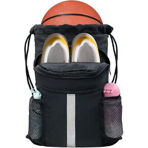 Drawstring Backpack with Shoes Compartment Waterproof Large String Cinch Beach Pool Bag for Swim Sports Gym(Black)