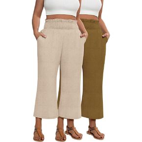 2 Pack Women's Plus Size Linen Pants, Elastic Waist Flowy Cropped Pants Casual Wide Leg Capri Palazzo Trousers