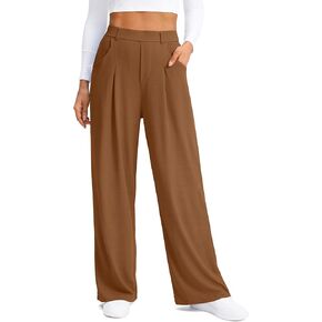 SANTINY Wide Leg Pants Woman Elastic High Waisted Waffle Knit Slacks Business Casual Work Pants Pleated Trousers with Pockets