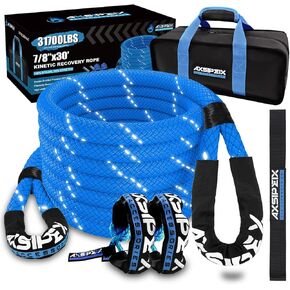 7/8"×30ft Kinetic Recovery Rope (31,700lbs) Heavy Duty Offroad Recovery Rope with 2 Soft Shackles 3/8" x 20" Offroad Recovery Kit for UTV, ATV, Truck, Car (Dark Blue)