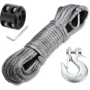 50 Feet 7,700LBs 3/16 inch Synthetic Winch Rope ATV Winch Line Cable Rope with Steel Hook Rubber Stopper Protecting Sleeve/Sheath and Thimble for ATV UTV Vehicle Winch Rope Gray