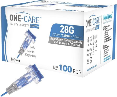 مشارط أمان ONE-CARE Opti+ قابلة للتعديل 23 جم × 3 إعدادات للعمق (1.3 × 1.8 × 2.3 مم)، محملة مسبقًا، لطيفة، معقمة، 100/bx in Saudi Arabia