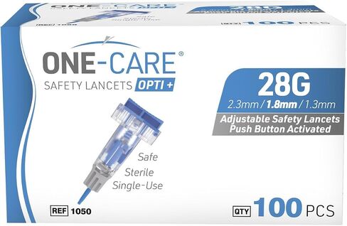 مشارط أمان ONE-CARE Opti+ قابلة للتعديل 23 جم × 3 إعدادات للعمق (1.3 × 1.8 × 2.3 مم)، محملة مسبقًا، لطيفة، معقمة، 100/bx in Saudi Arabia