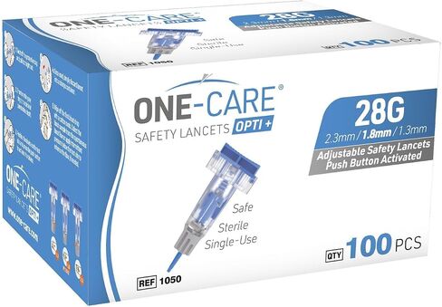 مشارط أمان ONE-CARE Opti+ قابلة للتعديل 23 جم × 3 إعدادات للعمق (1.3 × 1.8 × 2.3 مم)، محملة مسبقًا، لطيفة، معقمة، 100/bx in Saudi Arabia