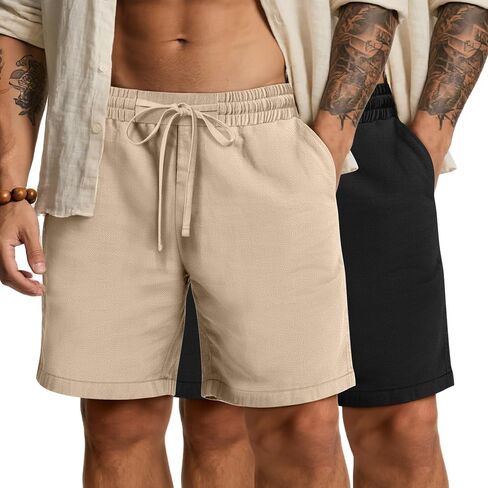 2 Pack Men's Big and Tall Linen Bermuda Shorts Casual Drawstring Summer Cotton Beach Shorts with Pocket in Kuwait