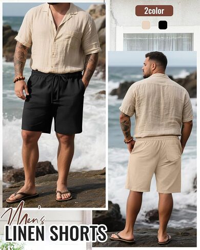 2 Pack Men's Big and Tall Linen Bermuda Shorts Casual Drawstring Summer Cotton Beach Shorts with Pocket in Kuwait