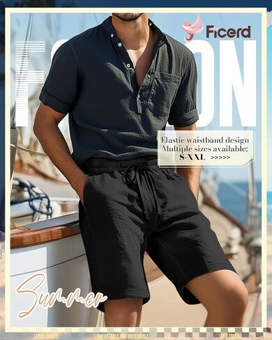 Ficerd 2 حزمة شورتات قطنية للرجال ، سراويل شاطئية مرنة مع جيوب الرباط الصيفية شورت إجازة الصالة الرياضية in Kuwait