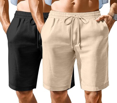 Ficerd 2 حزمة شورتات قطنية للرجال ، سراويل شاطئية مرنة مع جيوب الرباط الصيفية شورت إجازة الصالة الرياضية in Kuwait