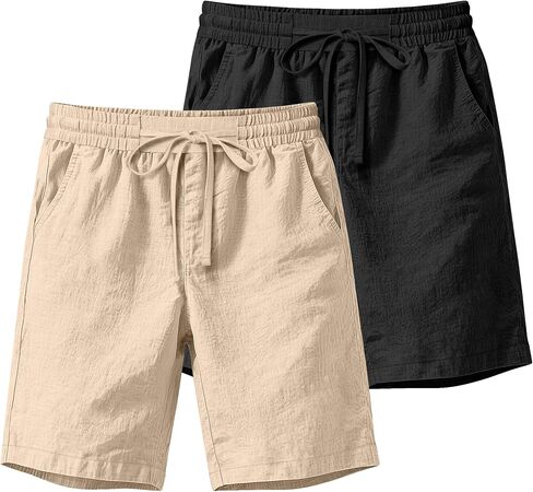 Ficerd 2 حزمة شورتات قطنية للرجال ، سراويل شاطئية مرنة مع جيوب الرباط الصيفية شورت إجازة الصالة الرياضية in Kuwait