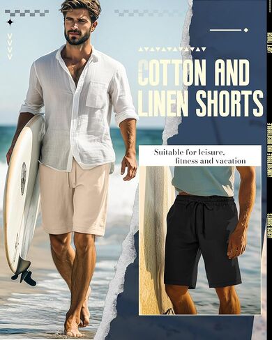 Ficerd 2 حزمة شورتات قطنية للرجال ، سراويل شاطئية مرنة مع جيوب الرباط الصيفية شورت إجازة الصالة الرياضية in Kuwait