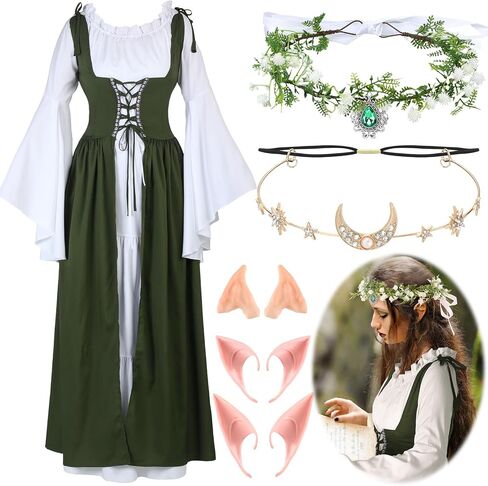 Bonuci 6 Pcs Women Renaissance Fairy Costume Medieval 1700s Dress with Elf Ear Flower Crown Moon Head Chain Halloween Cosplay in Saudi Arabia