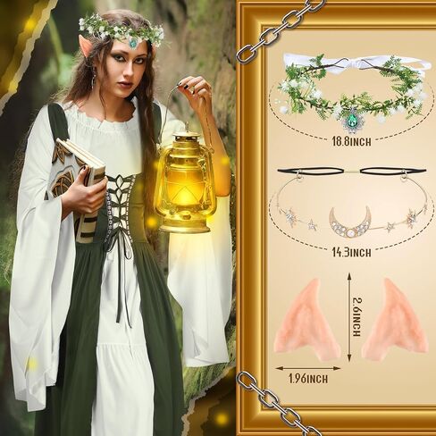 Bonuci 6 Pcs Women Renaissance Fairy Costume Medieval 1700s Dress with Elf Ear Flower Crown Moon Head Chain Halloween Cosplay in Saudi Arabia