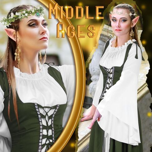 Bonuci 6 Pcs Women Renaissance Fairy Costume Medieval 1700s Dress with Elf Ear Flower Crown Moon Head Chain Halloween Cosplay in Saudi Arabia