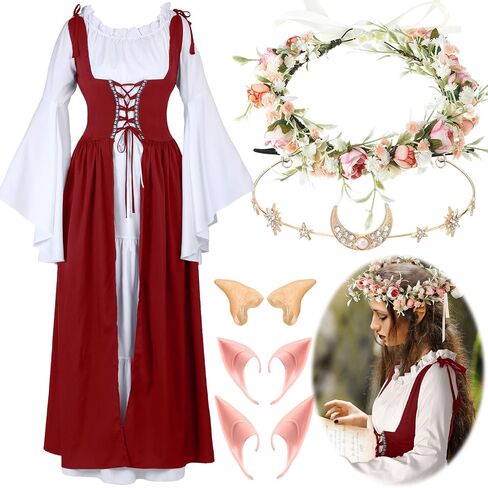 Bonuci 6 Pcs Women Renaissance Fairy Costume Medieval 1700s Dress with Elf Ear Flower Crown Moon Head Chain Halloween Cosplay in Saudi Arabia