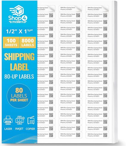Shop4Mailers 80-Up White Permanent Self Adhesive Shipping Labels ½" x 1 ¾" Easy Peel Stickers for Laser & Inkjet Printers ~ 100 Sheets, 8000 Labels in Kuwait