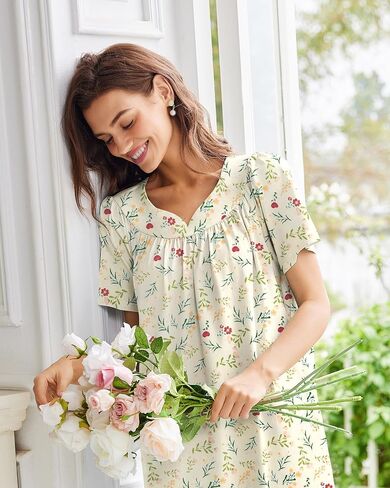 Ekouaer Nightgowns for Women Cotton Nightgown House Dress with Pockets Short Sleeve Mumu Dress Embroidered Lounge Dress in Kuwait