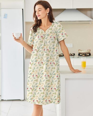 Ekouaer Nightgowns for Women Cotton Nightgown House Dress with Pockets Short Sleeve Mumu Dress Embroidered Lounge Dress in Kuwait