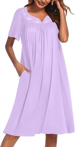 Ekouaer Nightgowns for Women Cotton Nightgown House Dress with Pockets Short Sleeve Mumu Dress Embroidered Lounge Dress in Kuwait