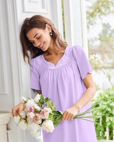Ekouaer Nightgowns for Women Cotton Nightgown House Dress with Pockets Short Sleeve Mumu Dress Embroidered Lounge Dress in Kuwait