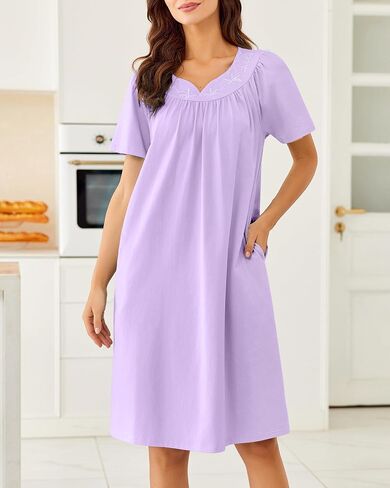 Ekouaer Nightgowns for Women Cotton Nightgown House Dress with Pockets Short Sleeve Mumu Dress Embroidered Lounge Dress in Kuwait