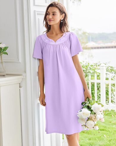 Ekouaer Nightgowns for Women Cotton Nightgown House Dress with Pockets Short Sleeve Mumu Dress Embroidered Lounge Dress in Kuwait