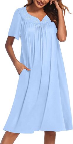 Ekouaer Nightgowns for Women Cotton Nightgown House Dress with Pockets Short Sleeve Mumu Dress Embroidered Lounge Dress in Saudi Arabia