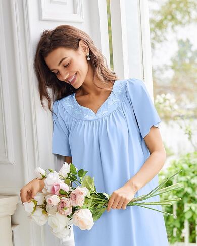 Ekouaer Nightgowns for Women Cotton Nightgown House Dress with Pockets Short Sleeve Mumu Dress Embroidered Lounge Dress in Saudi Arabia