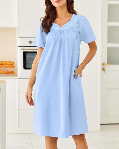 Ekouaer Nightgowns for Women Cotton Nightgown House Dress with Pockets Short Sleeve Mumu Dress Embroidered Lounge Dress in Saudi Arabia