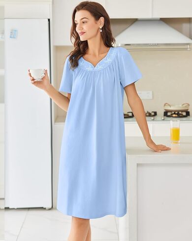 Ekouaer Nightgowns for Women Cotton Nightgown House Dress with Pockets Short Sleeve Mumu Dress Embroidered Lounge Dress in Saudi Arabia