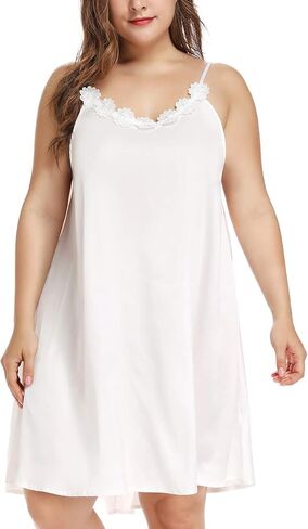 Women's Plus Size Silk Nightgown Sleeveless Chemise Slip Lingerie Sleepwear with Floral Neckline in Kuwait