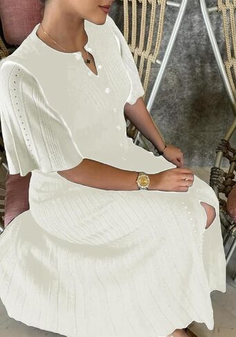 LAJIOJIO Knit Long Dress Women,Elegant Button Down Short Sleeve Slim Fit Dresses in Kuwait