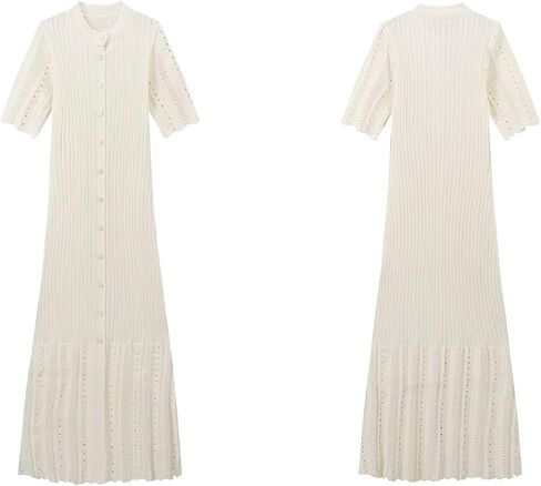 LAJIOJIO Knit Long Dress Women,Elegant Button Down Short Sleeve Slim Fit Dresses in Kuwait