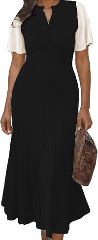 LAJIOJIO Knit Long Dress Women,Elegant Button Down Short Sleeve Slim Fit Dresses in Kuwait