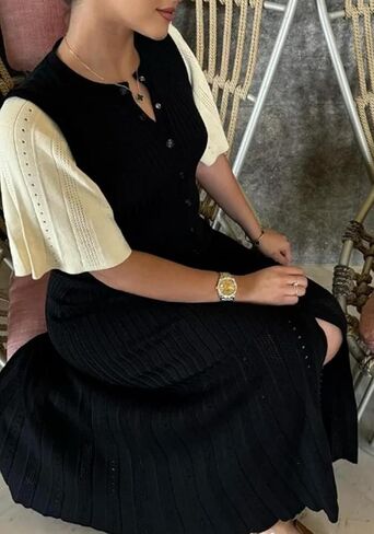 LAJIOJIO Knit Long Dress Women,Elegant Button Down Short Sleeve Slim Fit Dresses in Kuwait