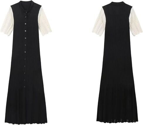 LAJIOJIO Knit Long Dress Women,Elegant Button Down Short Sleeve Slim Fit Dresses in Kuwait