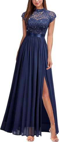 Miusol Women's Elegant Sequin Lace Contrast Chiffon Split Style Evening Party Maxi Dress in Kuwait