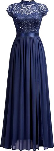 Miusol Women's Elegant Sequin Lace Contrast Chiffon Split Style Evening Party Maxi Dress in Kuwait