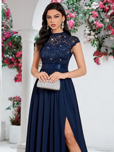 Miusol Women's Elegant Sequin Lace Contrast Chiffon Split Style Evening Party Maxi Dress in Kuwait