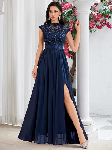 Miusol Women's Elegant Sequin Lace Contrast Chiffon Split Style Evening Party Maxi Dress in Kuwait