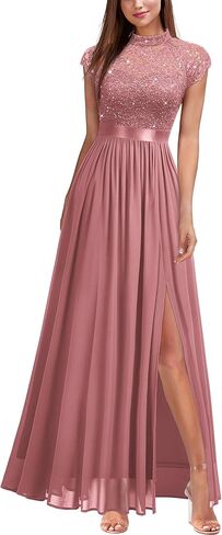 Miusol Women's Elegant Sequin Lace Contrast Chiffon Split Style Evening Party Maxi Dress in Kuwait