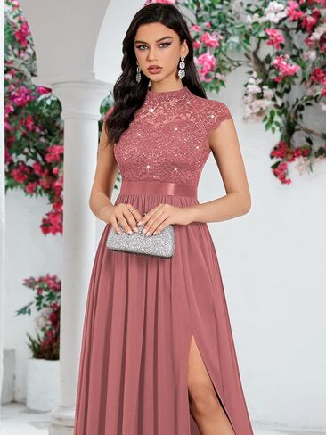 Miusol Women's Elegant Sequin Lace Contrast Chiffon Split Style Evening Party Maxi Dress in Kuwait