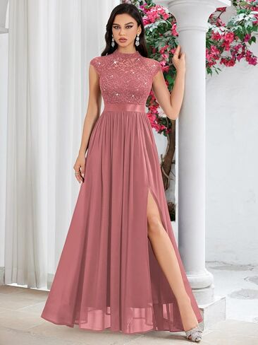 Miusol Women's Elegant Sequin Lace Contrast Chiffon Split Style Evening Party Maxi Dress in Kuwait