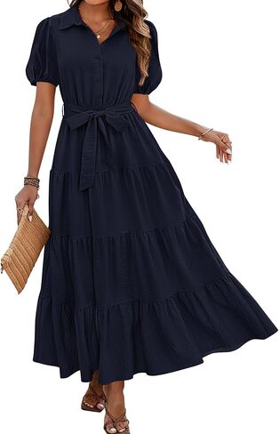 dowerme Womens Summer Dresses 2025 Short Sleeve Button Tie Waist Beach Vacation Clothes Boho Flowy Tiered Maxi Sundress in Kuwait