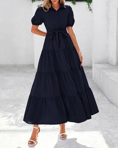 dowerme Womens Summer Dresses 2025 Short Sleeve Button Tie Waist Beach Vacation Clothes Boho Flowy Tiered Maxi Sundress in Kuwait