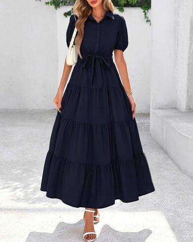 dowerme Womens Summer Dresses 2025 Short Sleeve Button Tie Waist Beach Vacation Clothes Boho Flowy Tiered Maxi Sundress in Kuwait