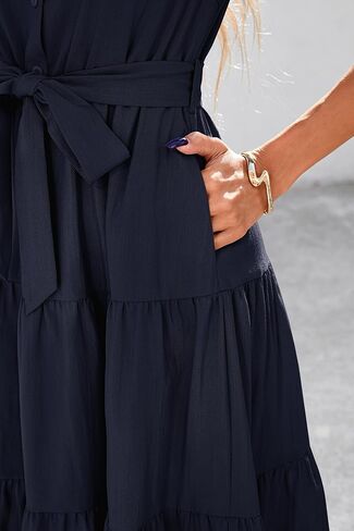 dowerme Womens Summer Dresses 2025 Short Sleeve Button Tie Waist Beach Vacation Clothes Boho Flowy Tiered Maxi Sundress in Kuwait