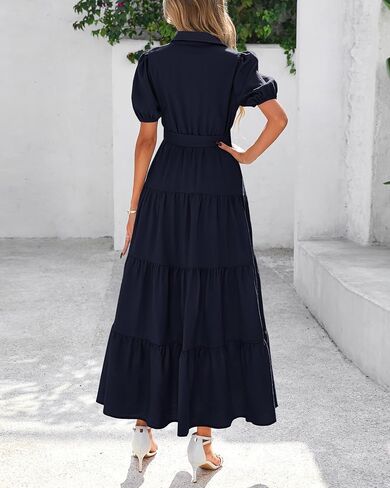 dowerme Womens Summer Dresses 2025 Short Sleeve Button Tie Waist Beach Vacation Clothes Boho Flowy Tiered Maxi Sundress in Kuwait