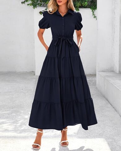 dowerme Womens Summer Dresses 2025 Short Sleeve Button Tie Waist Beach Vacation Clothes Boho Flowy Tiered Maxi Sundress in Kuwait