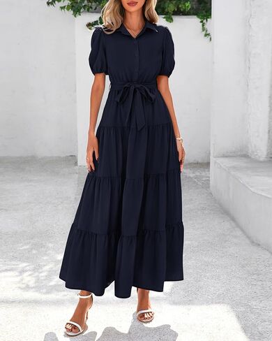 dowerme Womens Summer Dresses 2025 Short Sleeve Button Tie Waist Beach Vacation Clothes Boho Flowy Tiered Maxi Sundress in Kuwait
