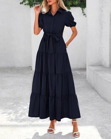 dowerme Womens Summer Dresses 2025 Short Sleeve Button Tie Waist Beach Vacation Clothes Boho Flowy Tiered Maxi Sundress in Kuwait